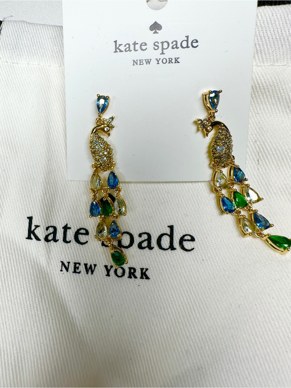 kate spade Gold Peacock Drop Earrings with Blue and Green Teardrops